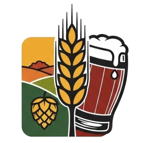 Midwest Microbrew logo featuring a golden wheat stalk, hop cone, farmland landscape, and beer glass with foam on black background