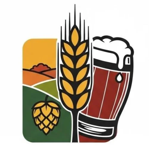 Midwest Microbrew logo featuring a golden wheat stalk, hop cone, farmland landscape, and beer glass with foam on white background