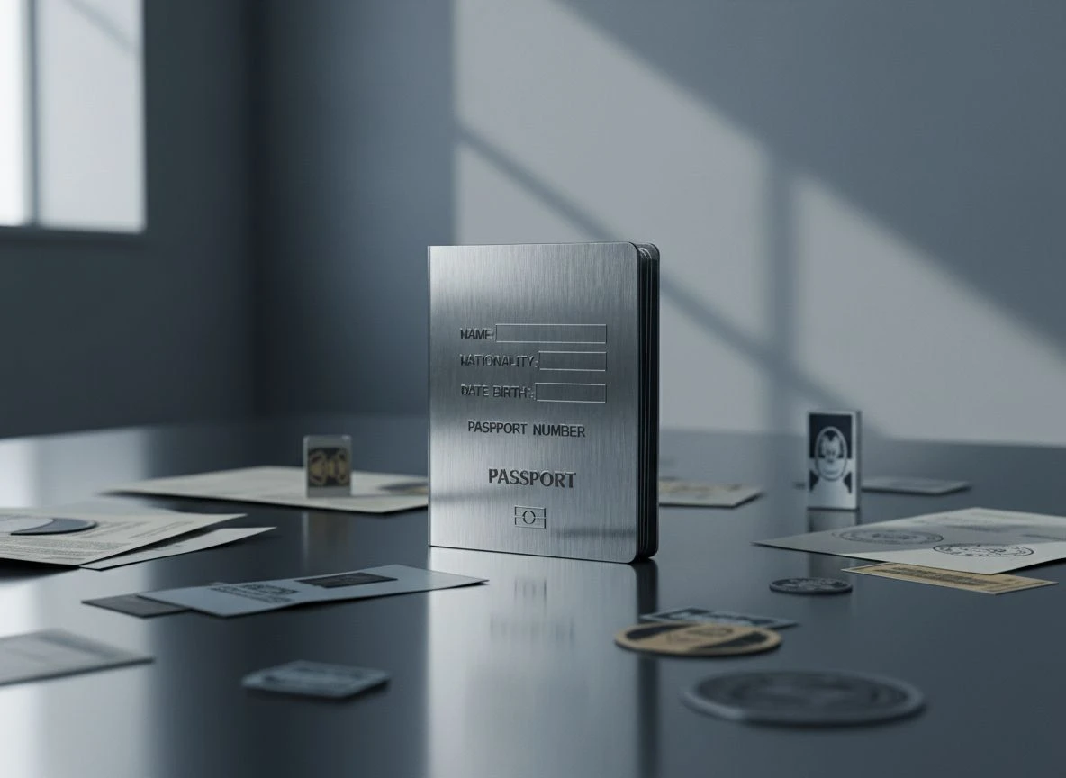 A metal passport with engraved data surrounded by loose stamps, symbolizing verified entity identity.