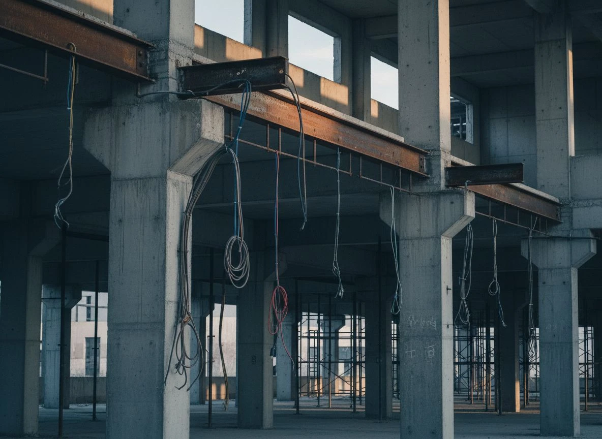 Exposed building framework with missing wires, representing the infrastructure gap in AI recognition.