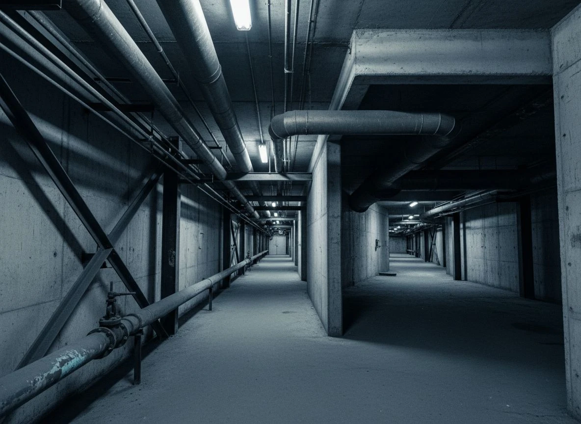 An industrial corridor with a pipeline bypass, representing total pipeline bypass in AI invisibility.