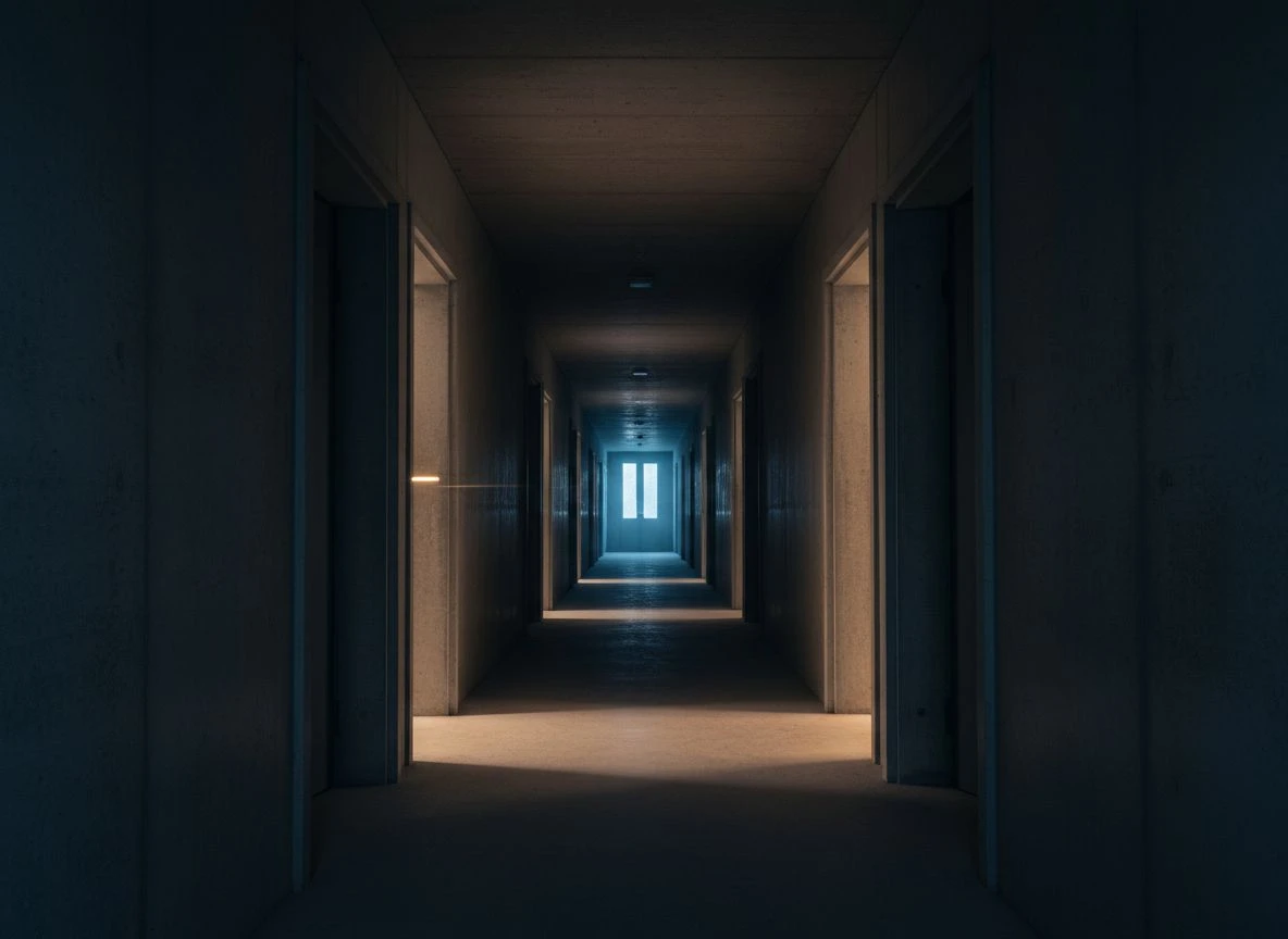 A long, empty concrete corridor with many identical doors, one slightly open and emitting light.