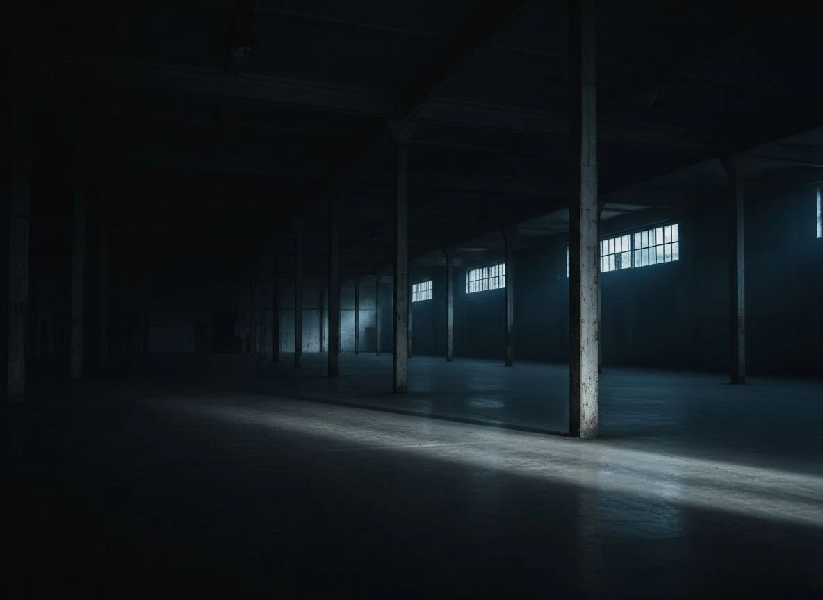 A vast, empty industrial warehouse with one lit structural column amidst overwhelming darkness.