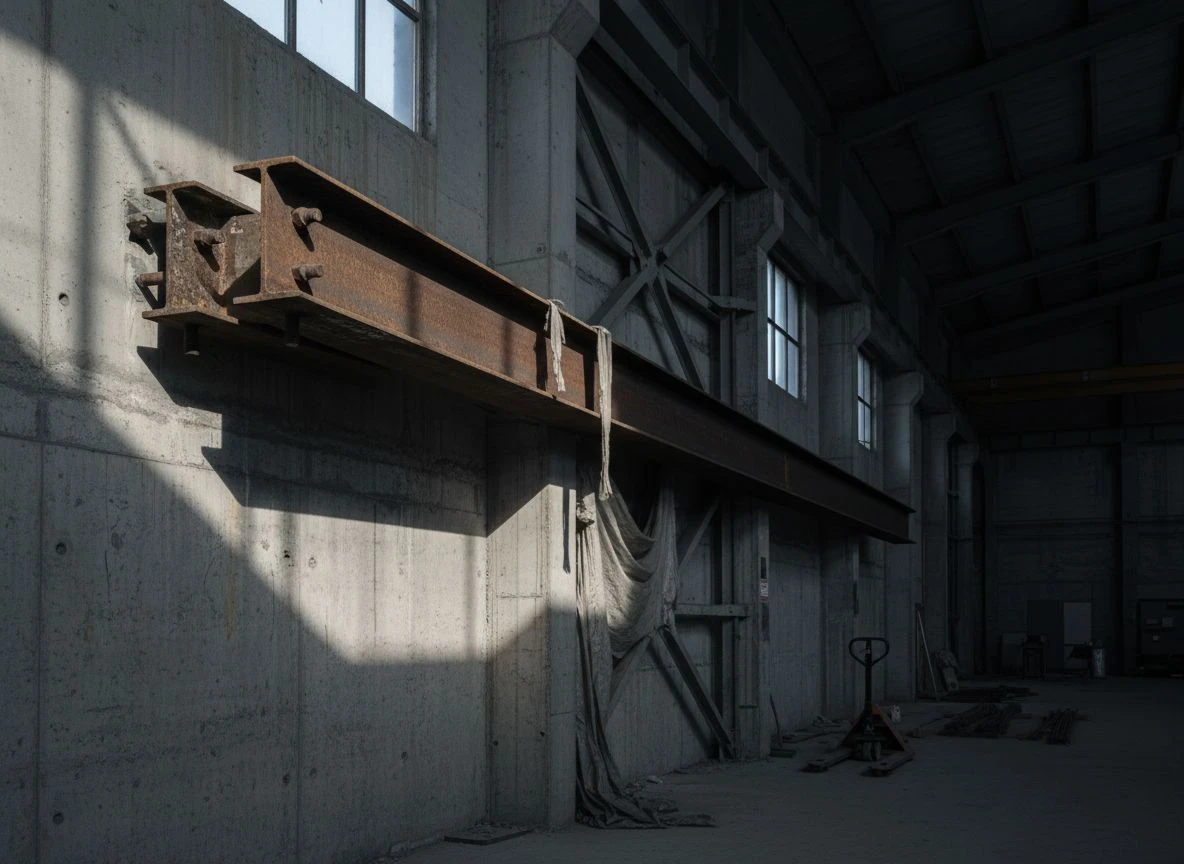 A solitary steel I-beam meets a concrete wall in an empty industrial space, lit by harsh afternoon light.