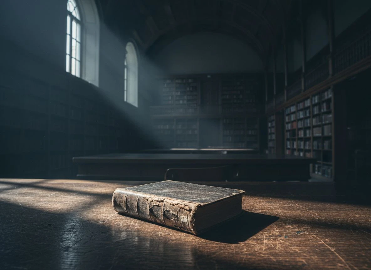 A single old medical textbook isolated on a library desk in stark, directional sunlight. A single old medical textbook isolated on a library desk in stark, directional sunlight.