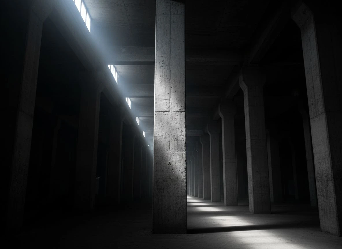 A single, lit concrete pillar stands tall among a grid of shadowed columns in an empty hall. A single, lit concrete pillar stands tall among a grid of shadowed columns in an empty hall.