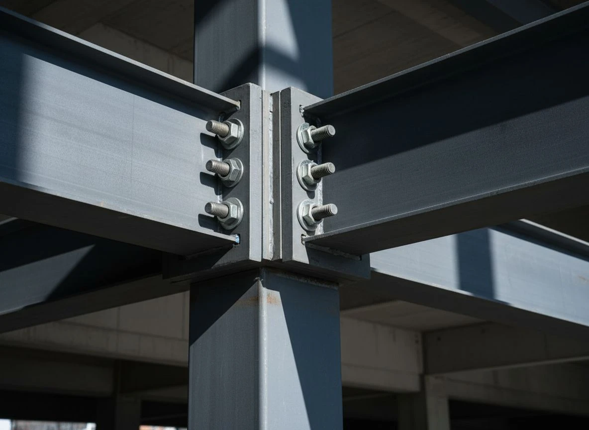 Close-up of a precise, bolted steel joint in a building's structural frame. Close-up of a precise, bolted steel joint in a building's structural frame.
