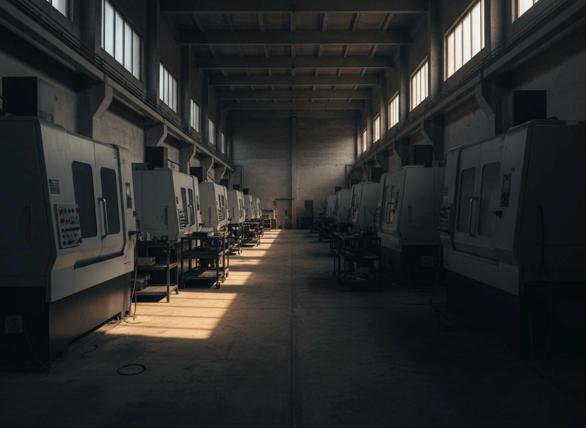 A long, empty corridor in a precision manufacturing facility, with equipment aligned under raking side light.