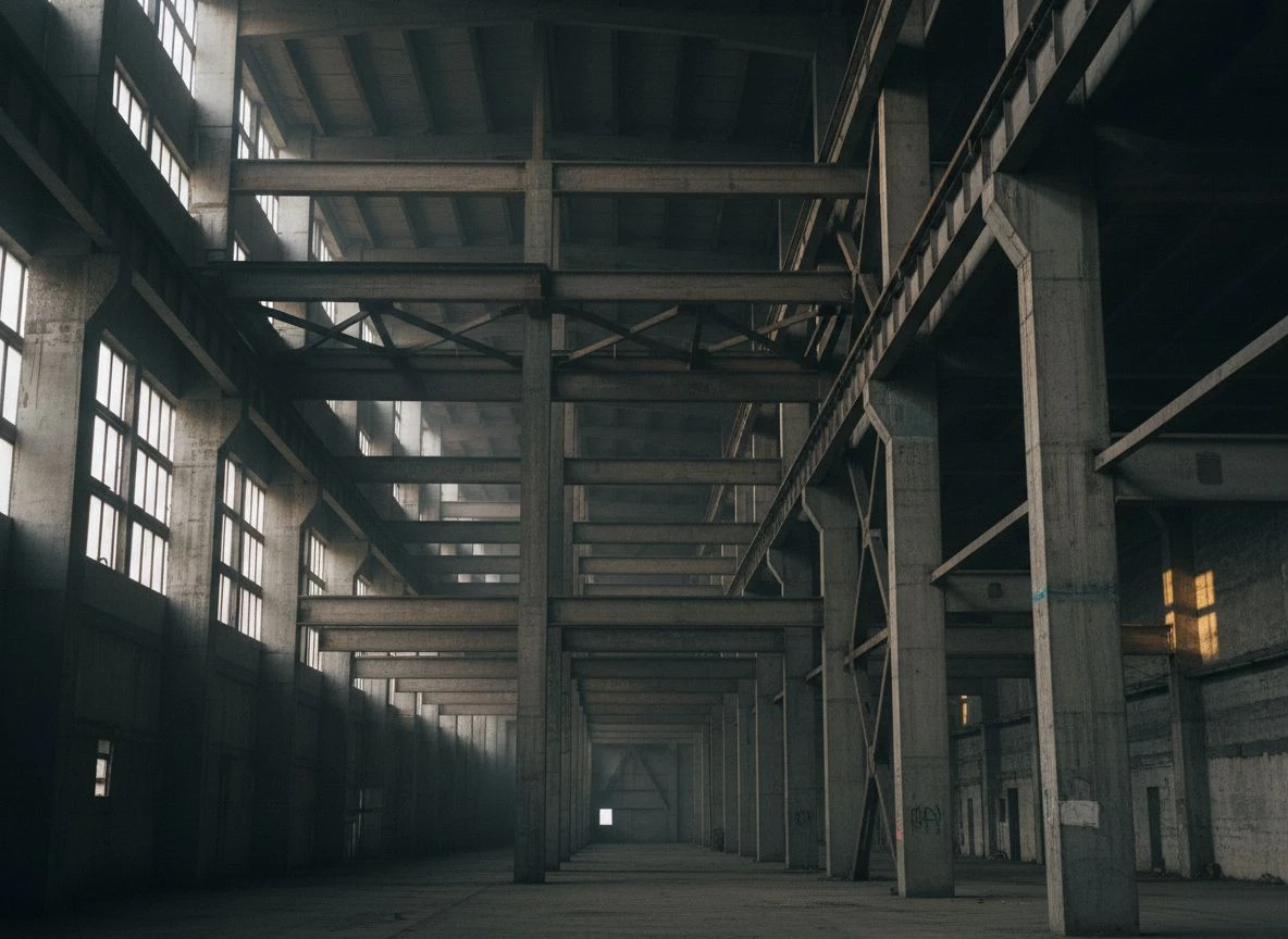 An empty industrial hall featuring a complex, exposed steel and concrete structural framework, lit by strong directional light from the side.