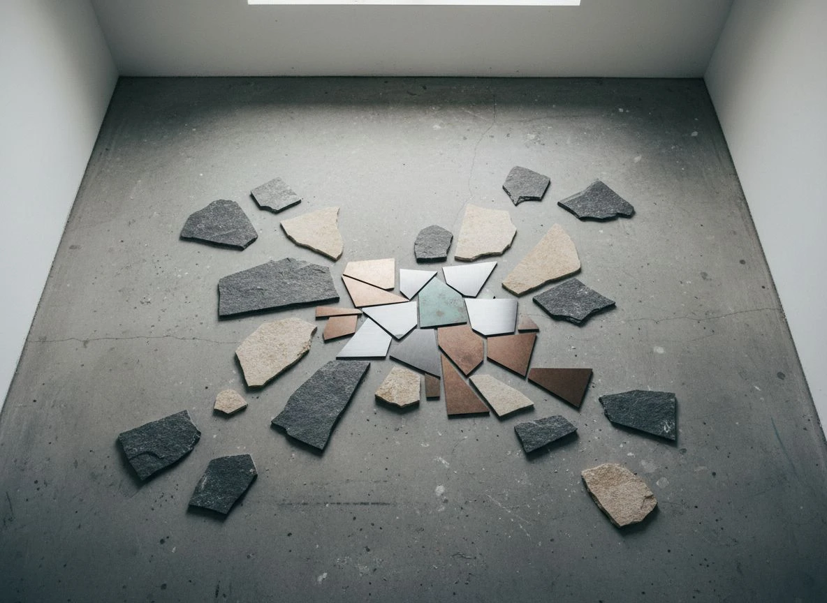 Overhead view of scattered stone and metal fragments aligning into a unified pattern on a concrete surface.