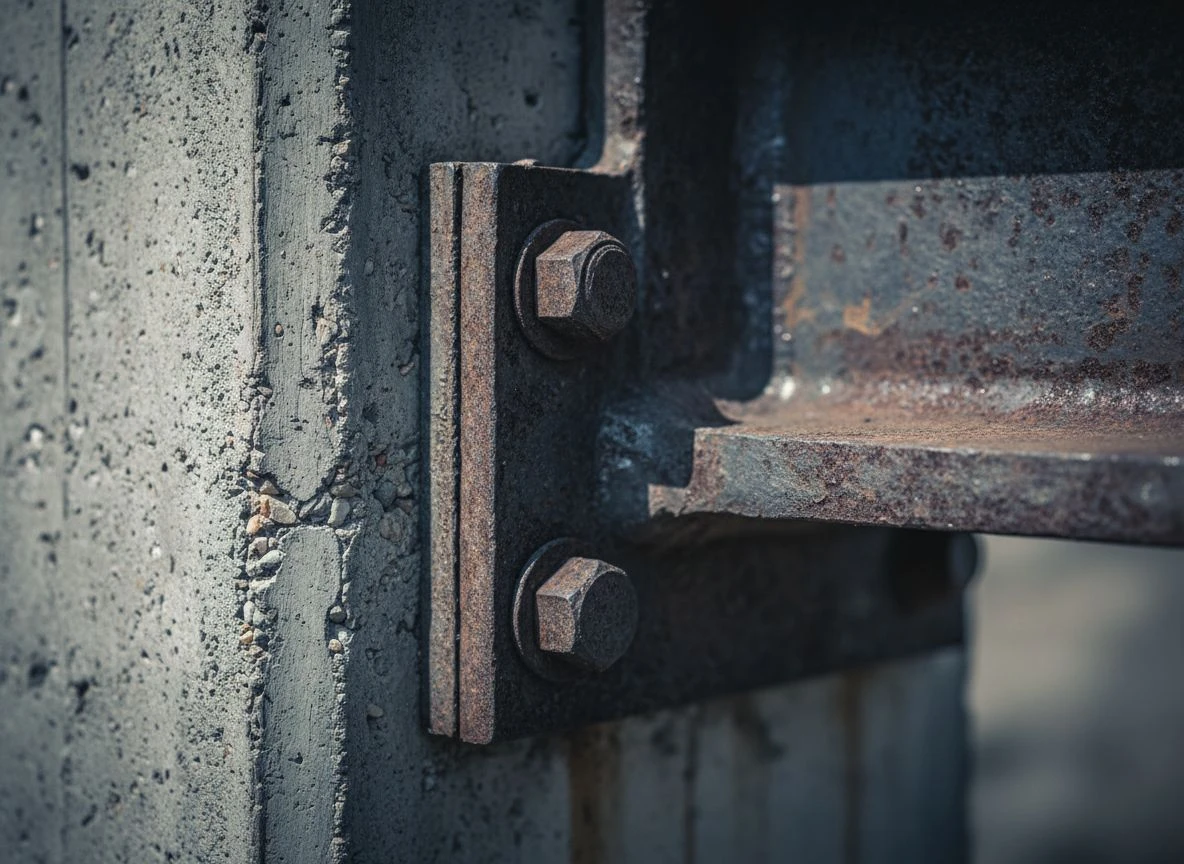 Close-up detail of a bolted connection where a steel beam meets a concrete column, showing material texture and precision.