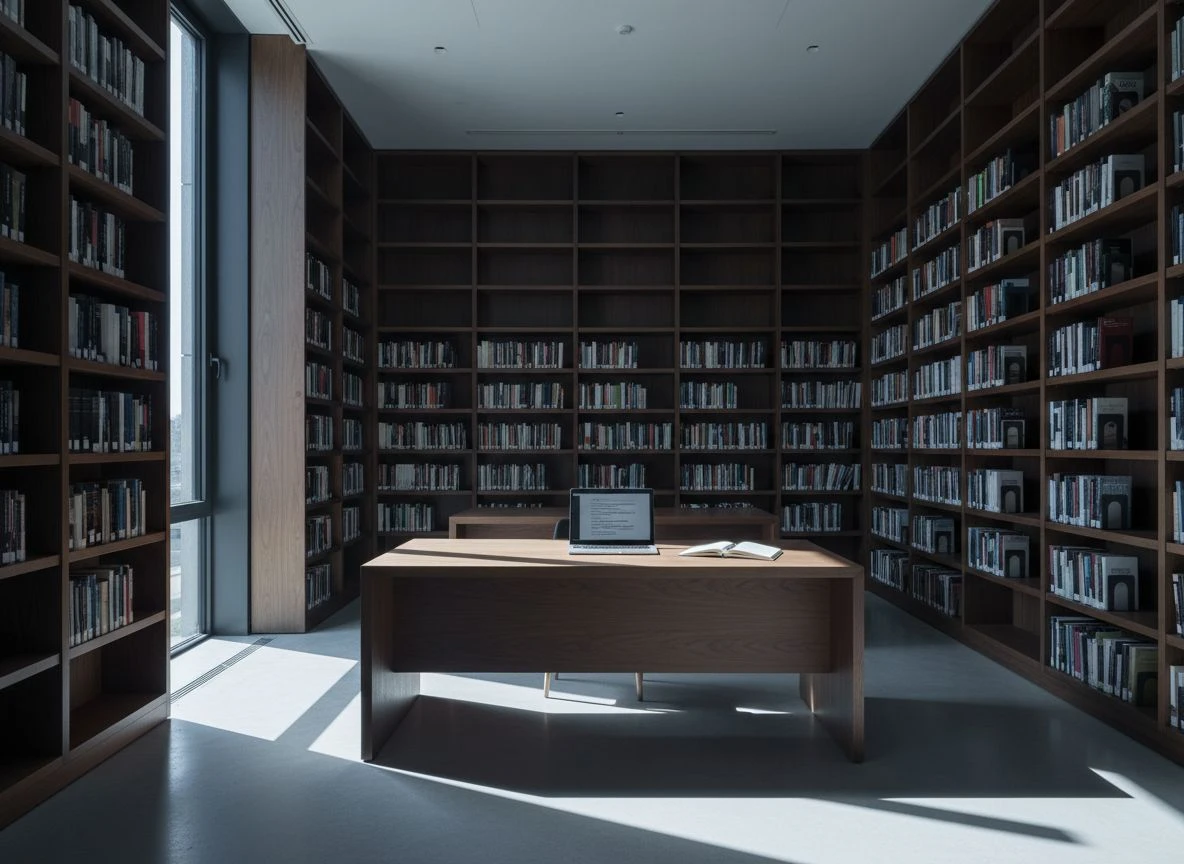 An empty modern study room with sunlight casting shadows on a desk with a laptop, symbolizing AI research.