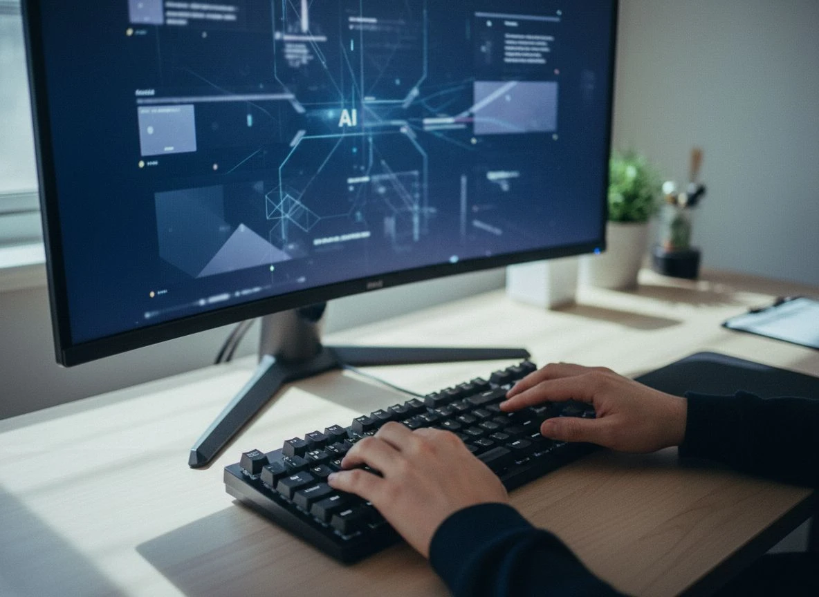 Hands typing on a keyboard in a minimalist office, representing AI visibility testing.