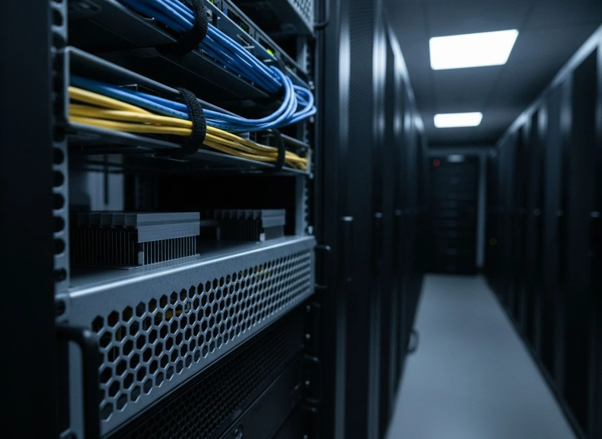 Close-up of server rack details in a data center, representing AI platform infrastructure.