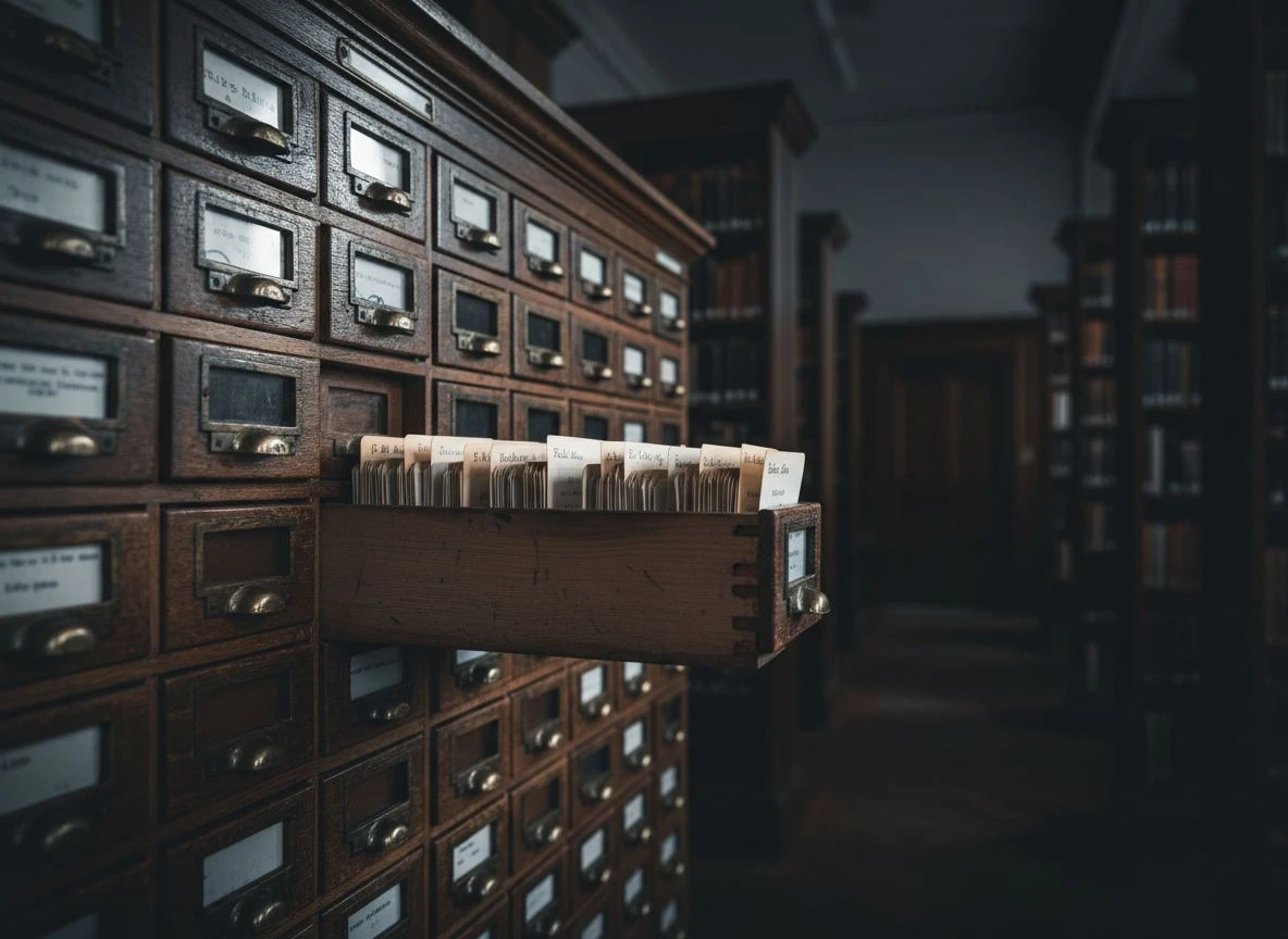 An open drawer of a vintage card catalog in a library, representing entity normalization and corroboration.