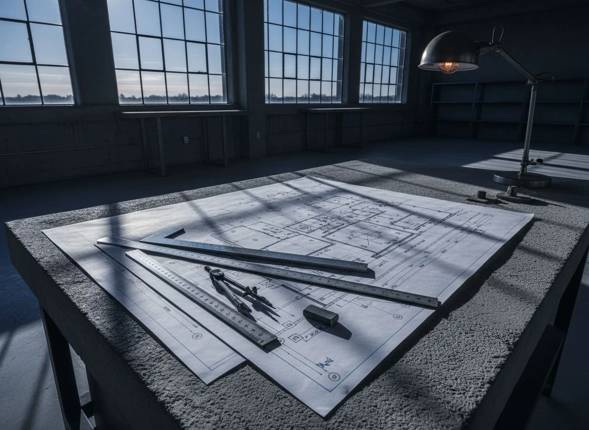 An engineering blueprint over concrete, lit by harsh afternoon sun, symbolizing systematic specification over optimization.