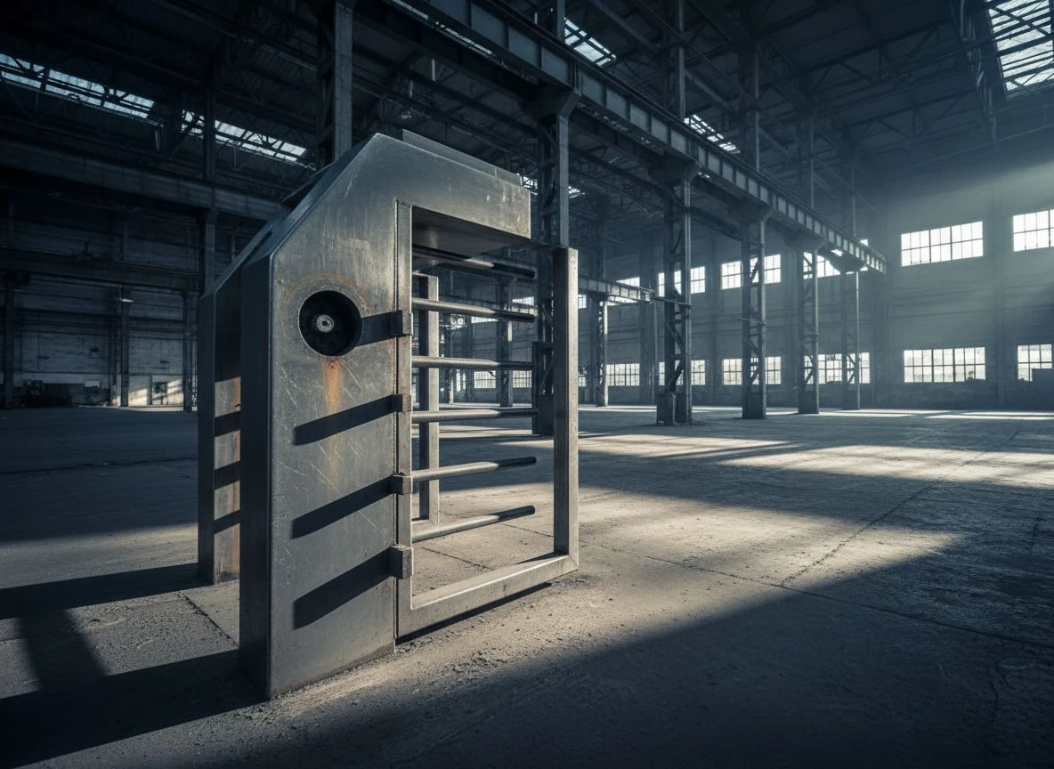 An industrial steel control gate in an empty factory, symbolizing binary pass/fail verification discipline.
