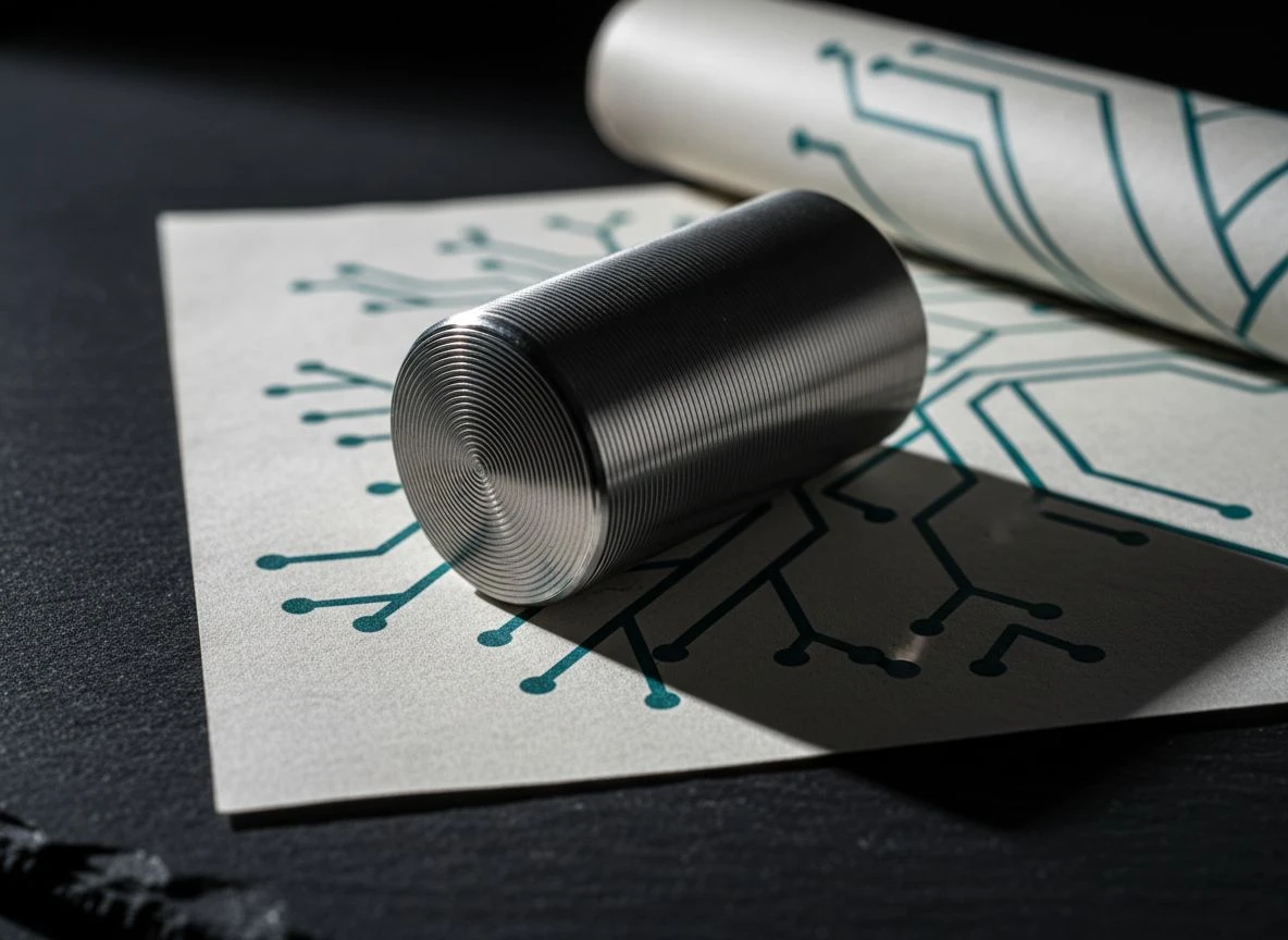 Close-up of a machined metal capsule on a technical schematic, representing self-contained Answer Capsules.