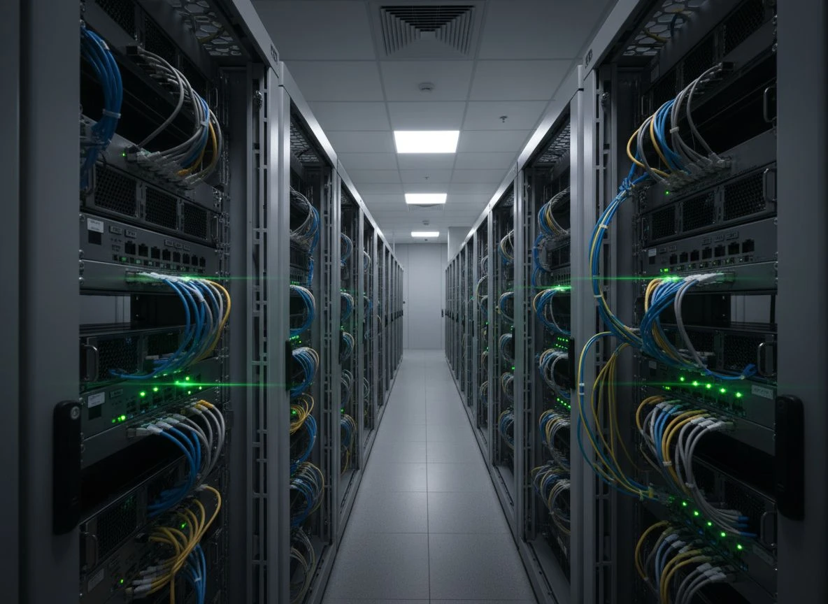 Exposed server rack cabling in a data center, symbolizing the foundational delivery layer for AI crawlers.