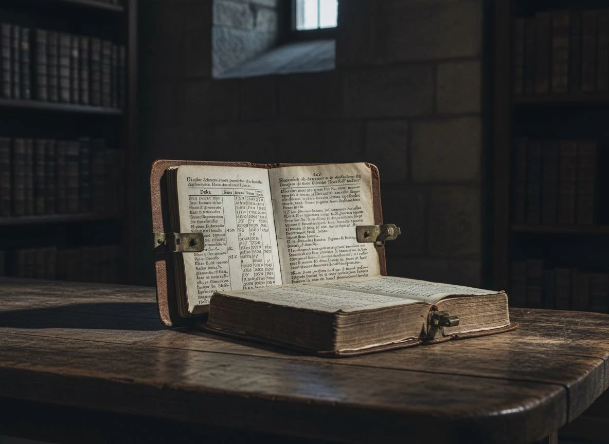 An antique leather-bound ledger open to a page of handwritten double-entry accounting, lit by a single shaft of light in a quiet archive.