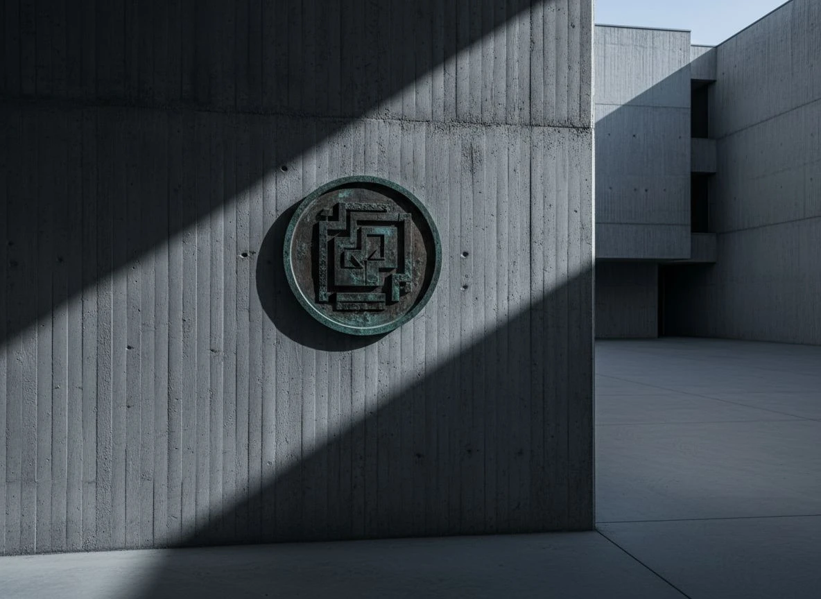 A concrete wall with an embedded bronze seal, lit by strong directional light in an empty institutional space.