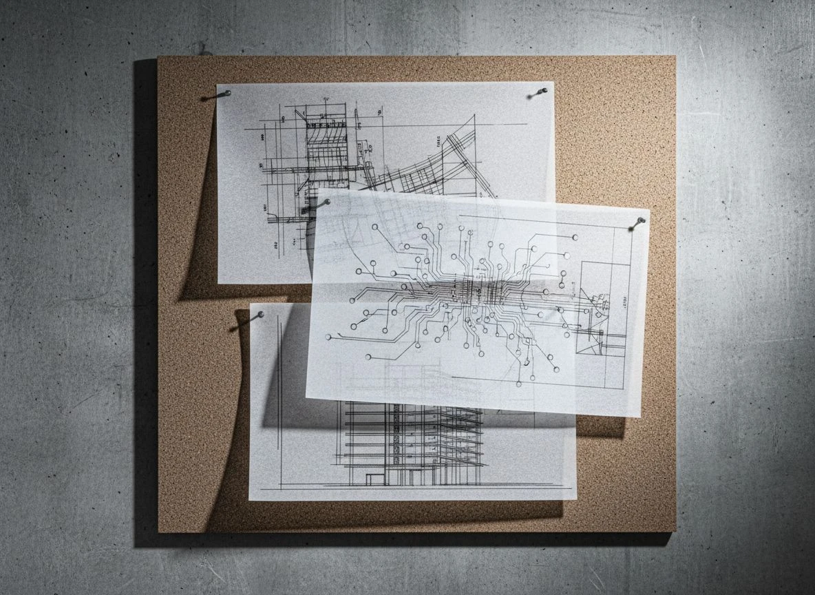 Three overlapping translucent drafting films with misaligned geometric drawings, creating visual confusion.