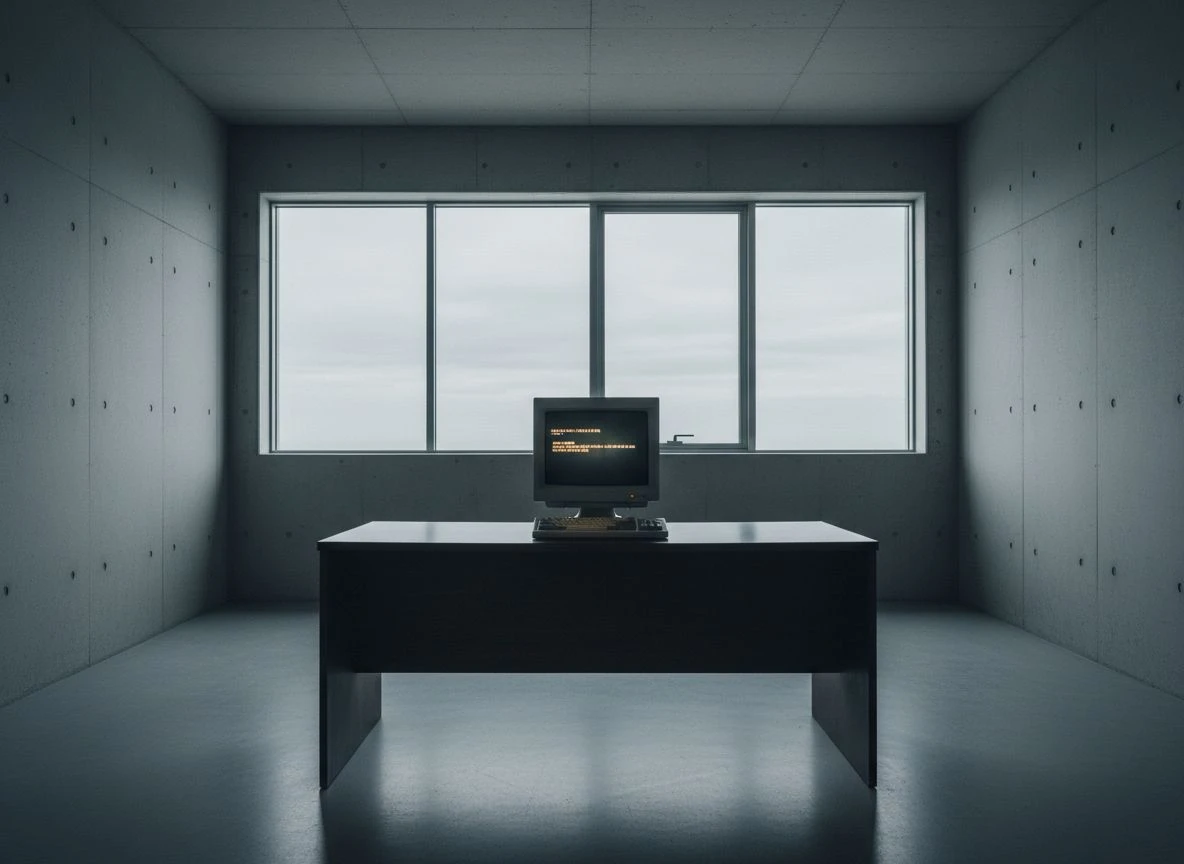 A vintage computer monitor glowing on a minimalist desk in an empty, softly lit room.