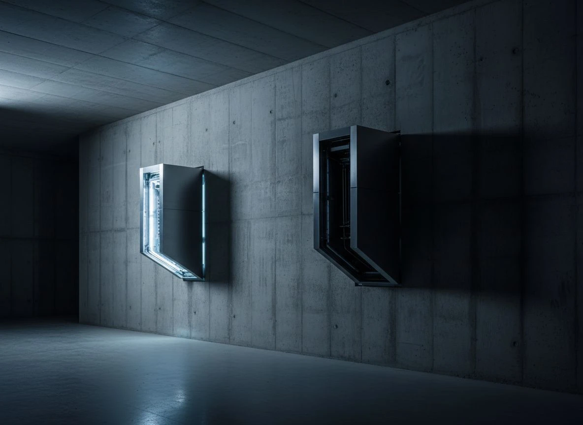 Two parallel concrete and steel conduits in an industrial corridor, visually representing separate data pathways.