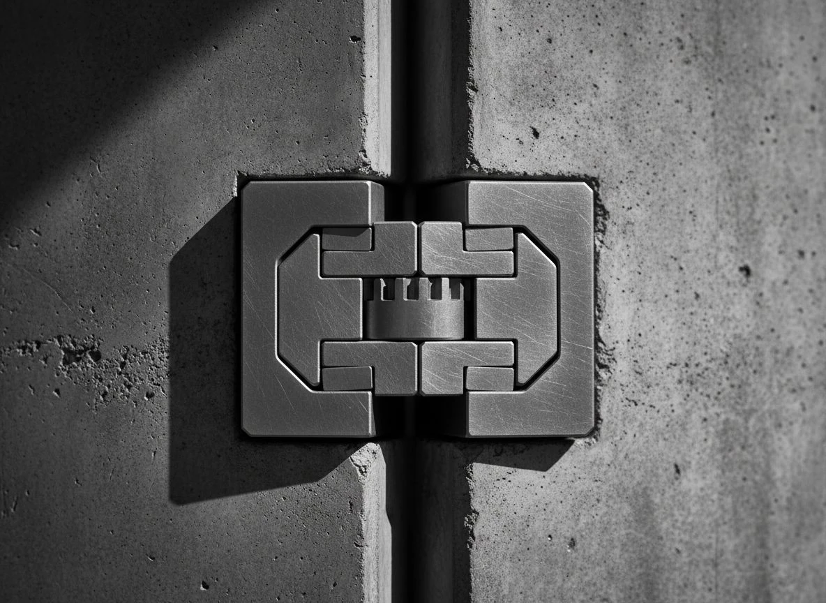 Extreme close-up of a complex steel joint connecting two concrete structural elements.