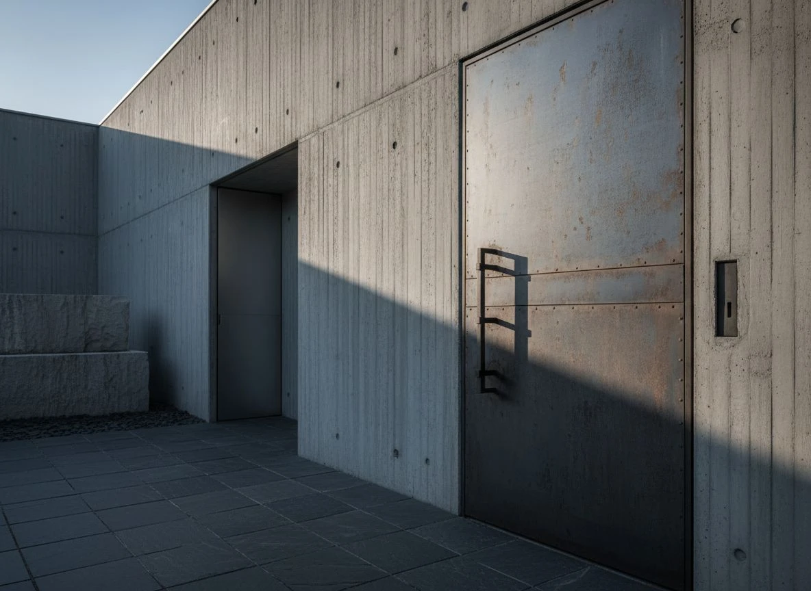 A concrete building facade with two entrances: a prominent door and a recessed panel, under dramatic side-lighting.