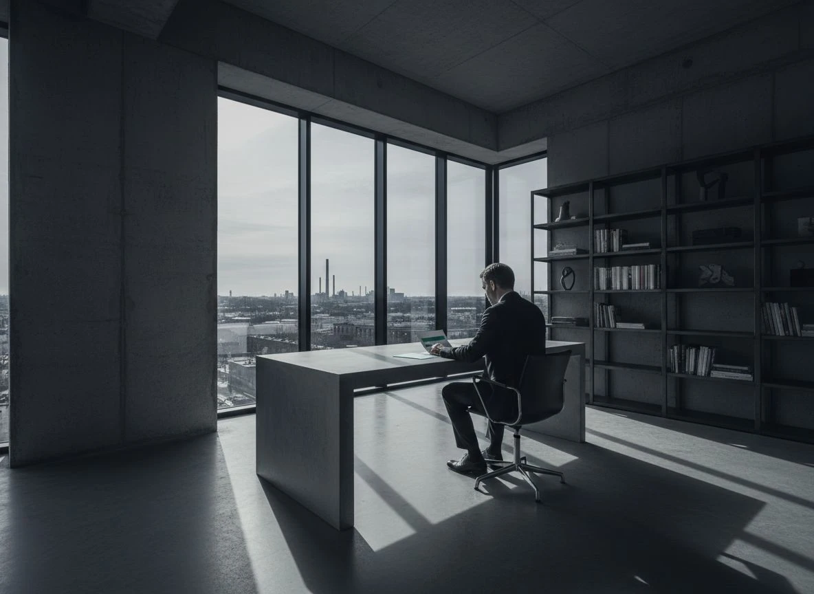 A CEO from behind at a concrete desk, reviewing a report with highlighted sentences in a sparse, architecturally stark office at dusk.
