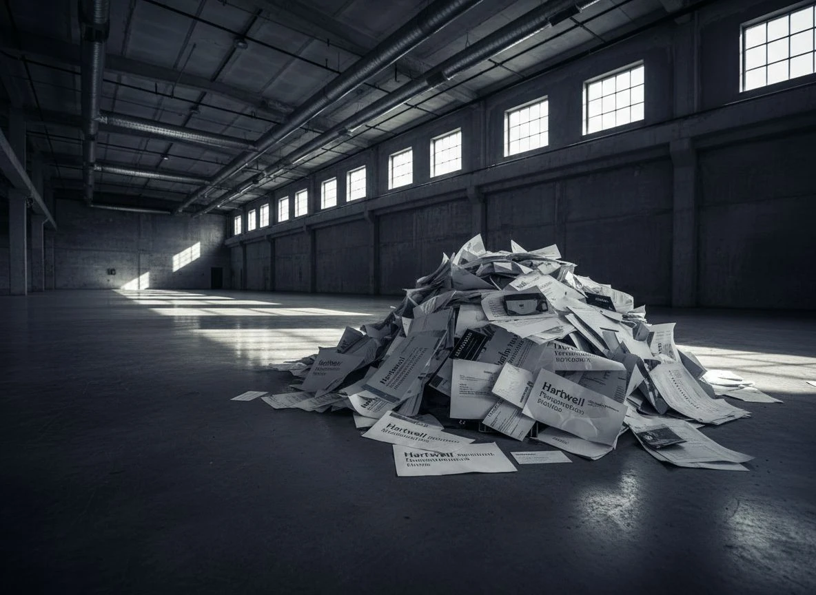 A pile of documents with conflicting name variants for a company, scattered in an empty industrial space.