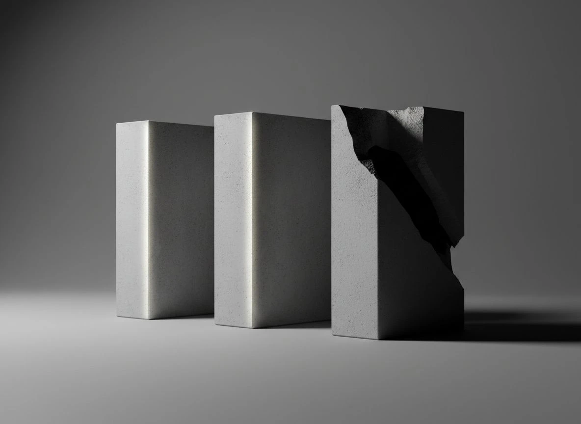 Three concrete blocks, two intact and one broken open and hollow, under sharp directional lighting.