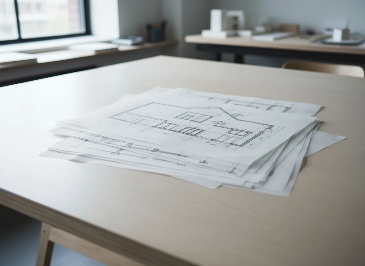 A stack of translucent drafting papers with technical drawings, layered to form a complete architectural design.