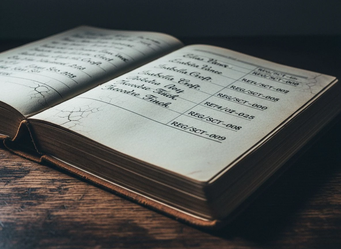 Close-up of handwritten entries in an old leather-bound ledger on a wooden desk, sharply lit from the side.