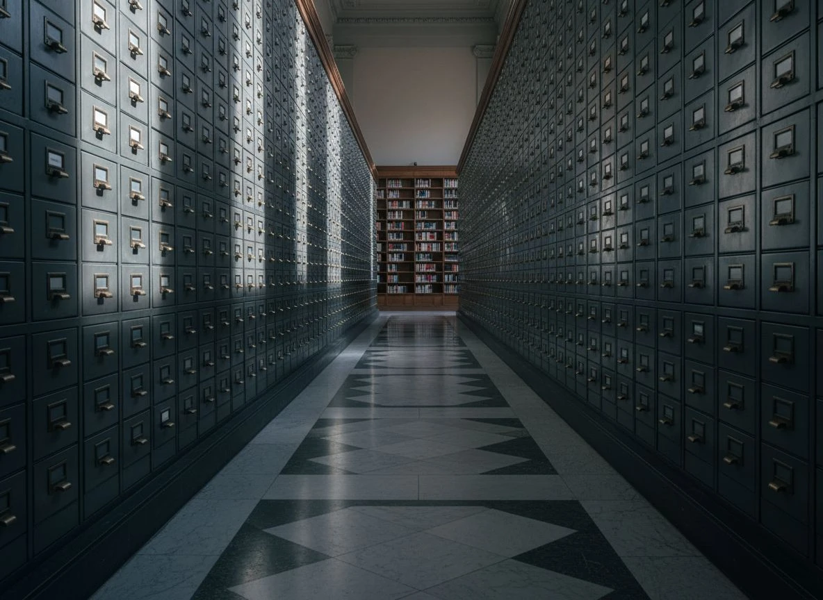 A symmetrical view down a long library corridor lined with identical metal card catalog drawers, lit by raking afternoon sun.