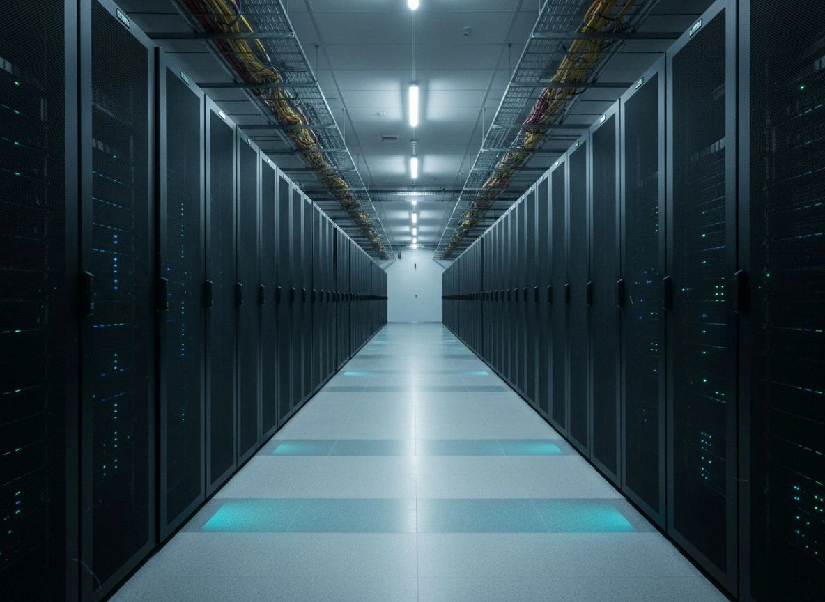 A long, symmetrical data center corridor with endless server racks, empty of people, representing autonomous agentic AI systems at work.