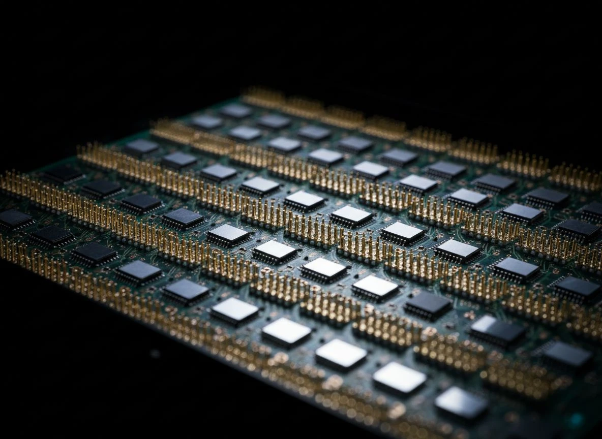 Abstract close-up of a server backplane's geometric circuit patterns, representing machine-readable entity records and structured data.