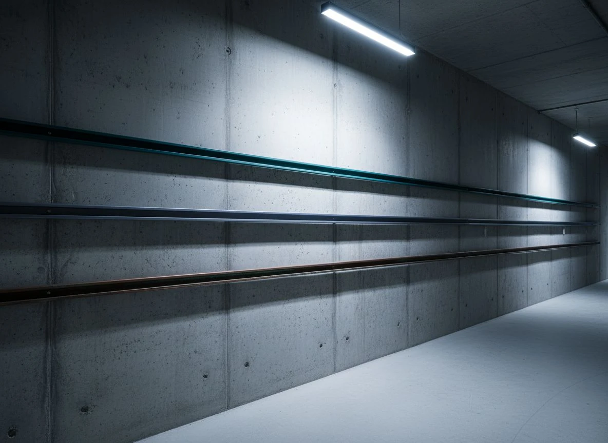 Three parallel steel conduits with colored accent lines recede down a long concrete corridor, symbolizing simultaneous, separate research pathways.