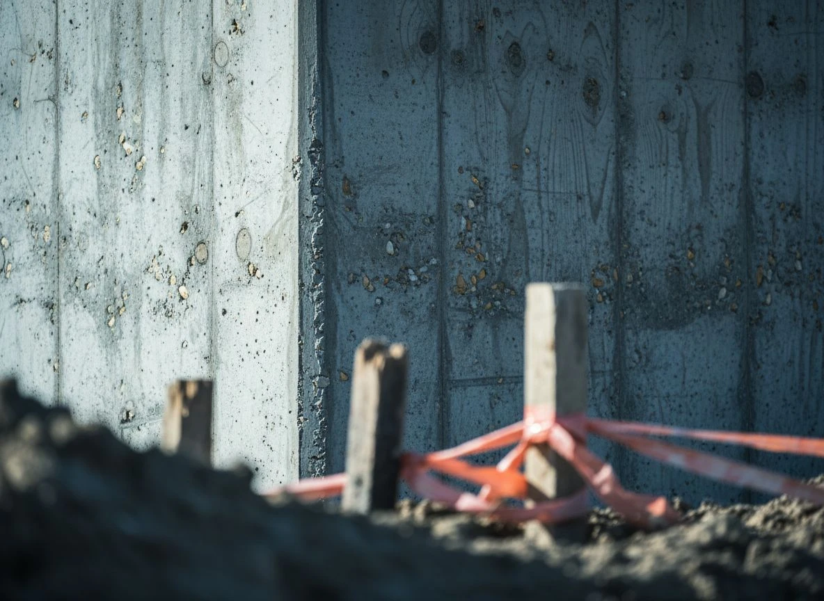 Detail of a permanent concrete foundation with degraded temporary wooden stakes in the foreground.