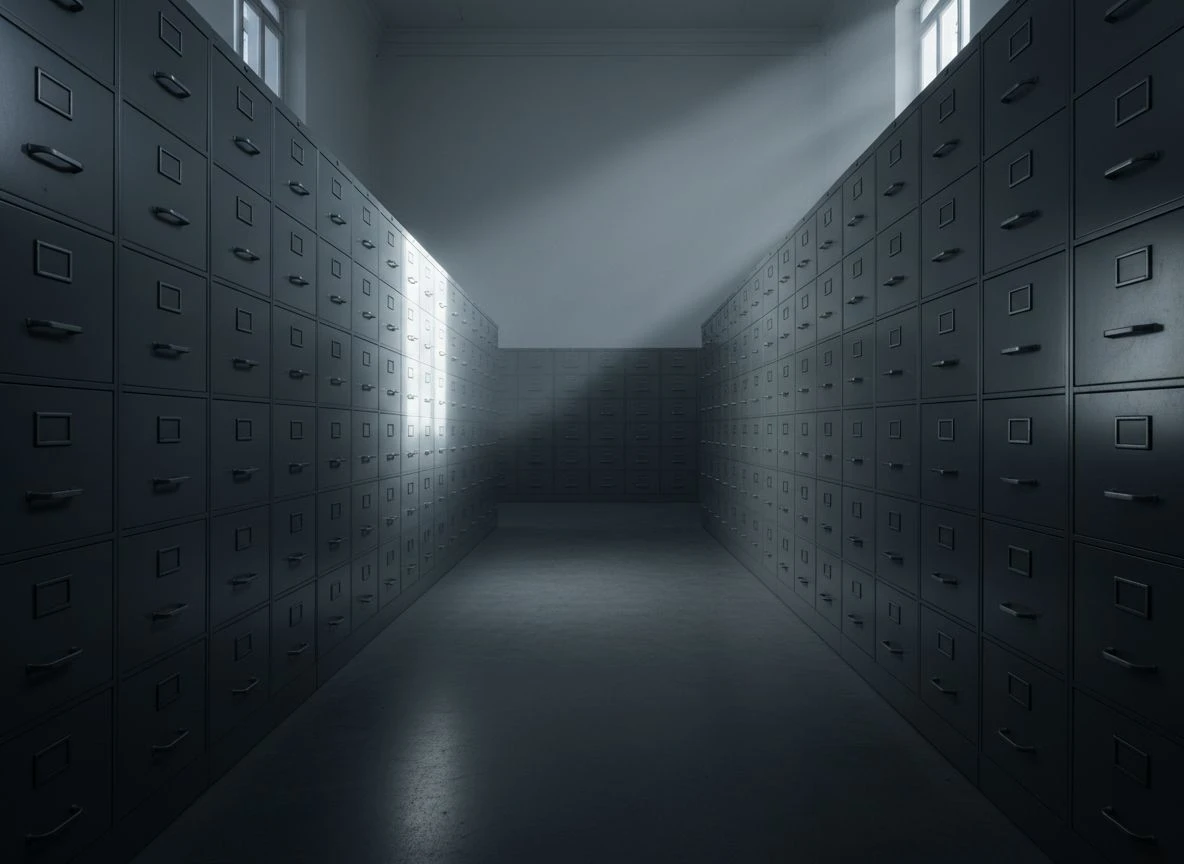 A deep perspective of steel filing cabinets in an empty, austerely lit records room.