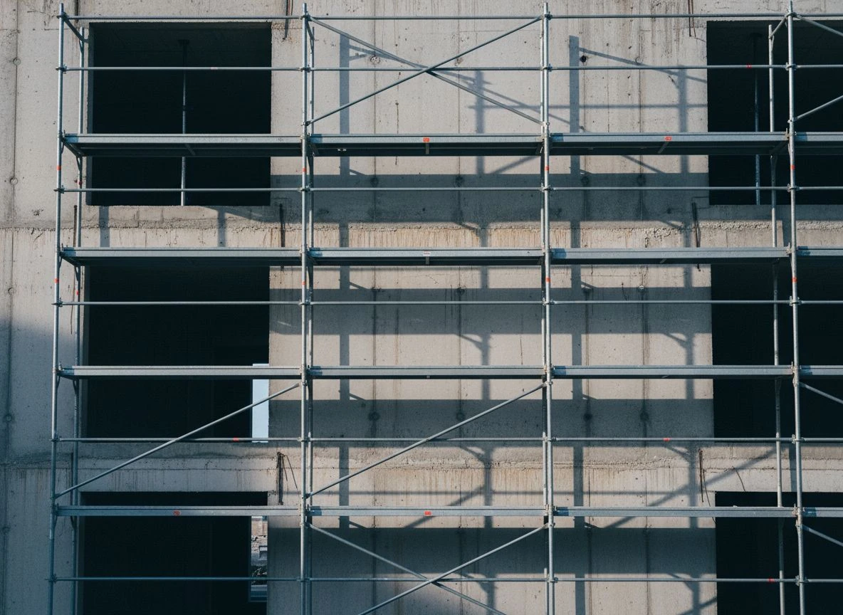 Temporary scaffolding against a permanent concrete wall, illustrating the contrast between rented and owned structures.