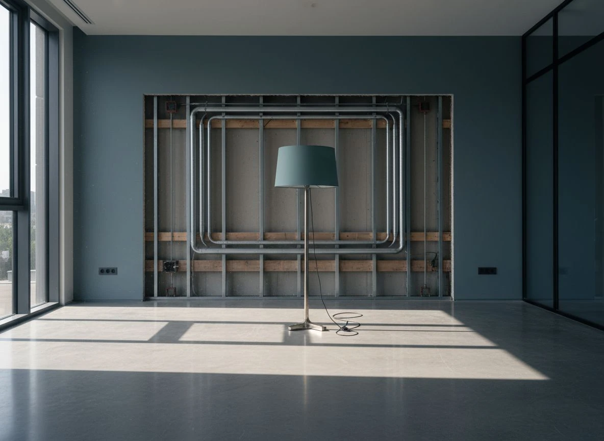 A finished modern room with an open wall revealing unfinished electrical wiring and an unplugged lamp.