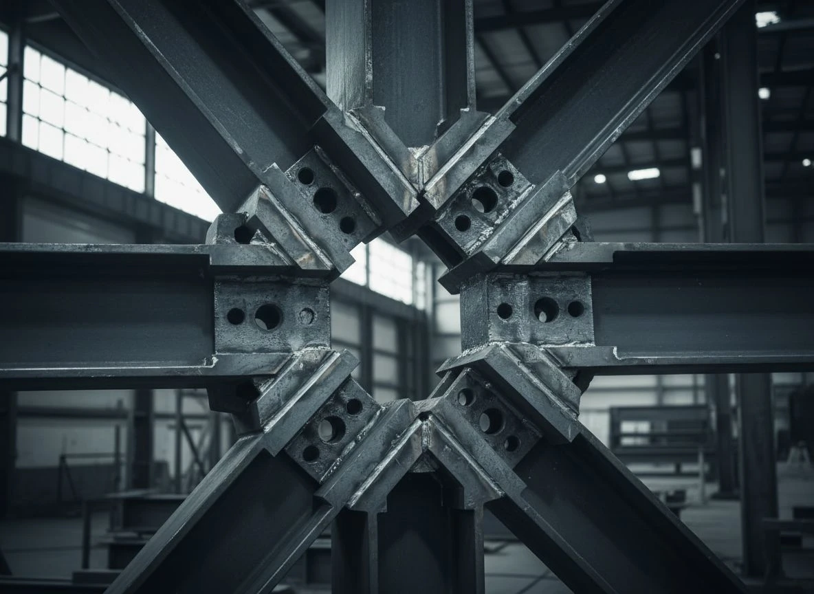 Close-up of an engineered steel joint with a critical connecting plate missing, in an industrial facility.