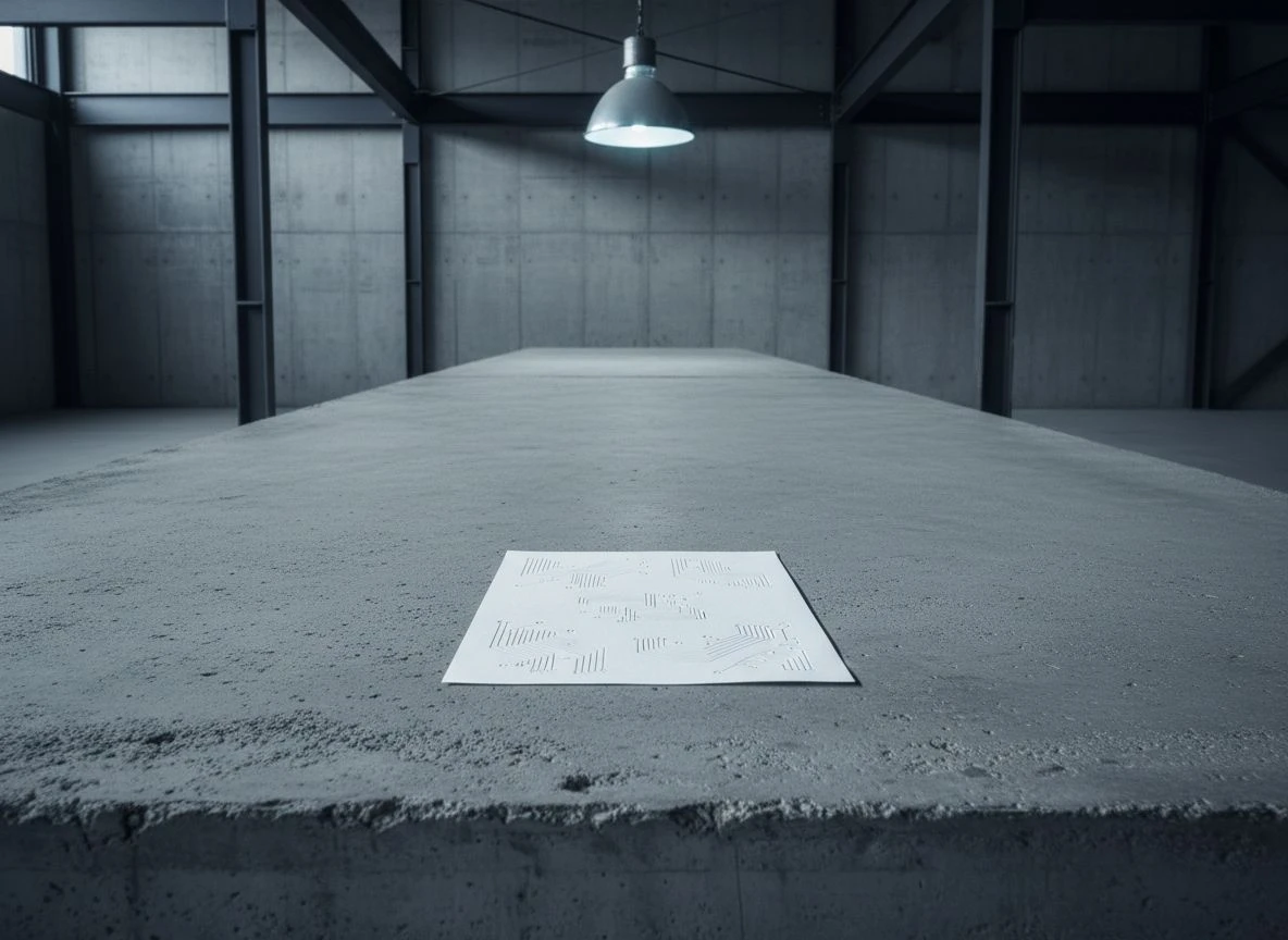 A single sheet of paper with engraved text on a large, raw concrete table in an empty industrial space.