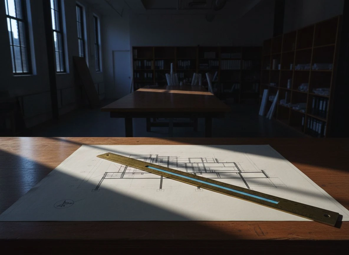 An architectural sectional drawing on a timber table with a brass scale ruler, lit by evening window light.