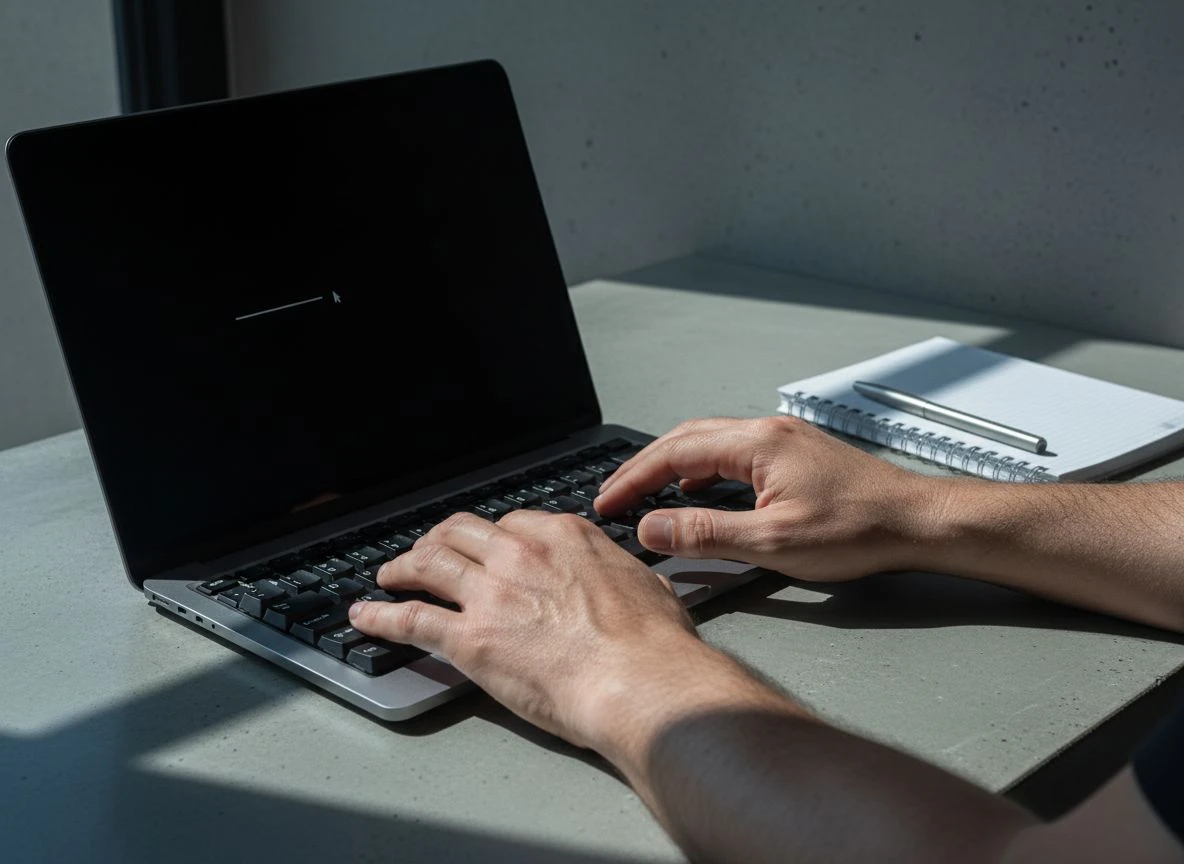 A person's hands on a keyboard in a minimalist study, with directional light casting long shadows on a concrete desk.