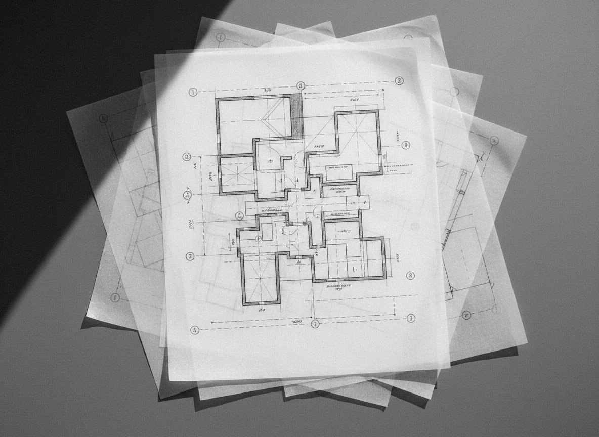 Abstract close-up of layered drafting film, one sheet with drawings next to blank sheets, side-lit.