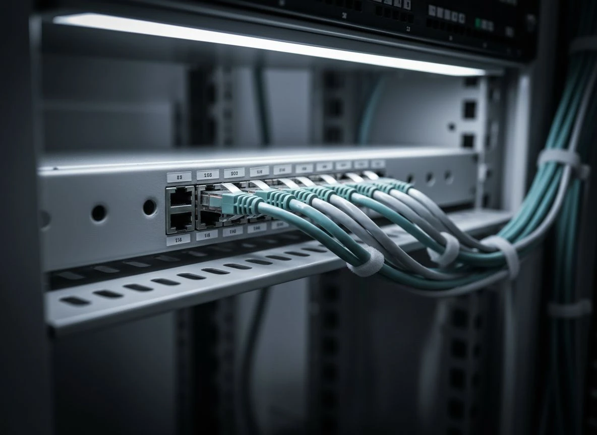 Close-up of neatly organized, color-coded network cables in a server rack with directional lighting.