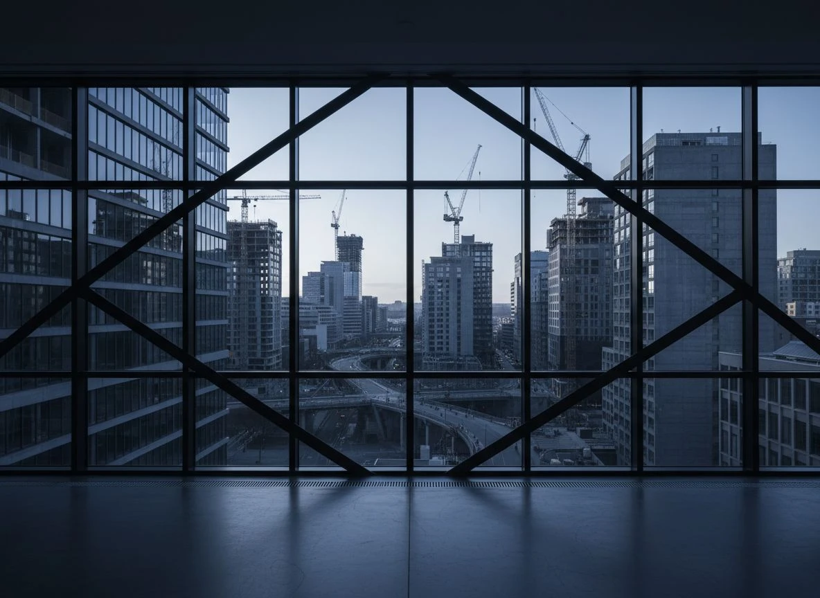A view through a large industrial window at dawn, framing a complex, orderly cityscape.